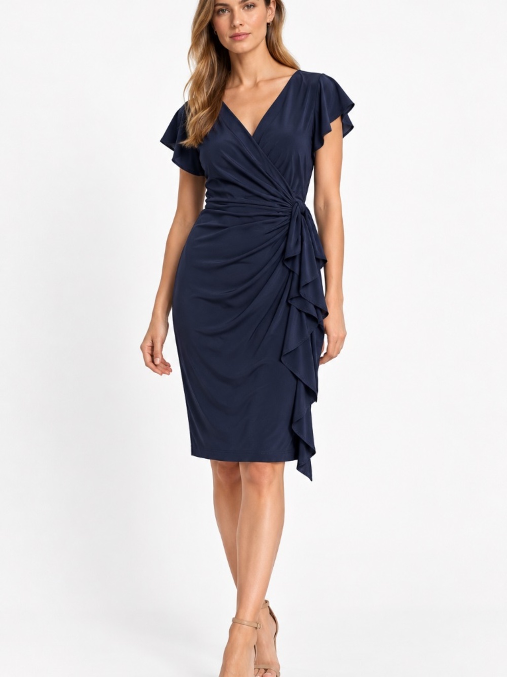 Lauren Ralph Lauren Navy Ruched Ruffle Wrap Dress Size 12 - Picture 3 of 14